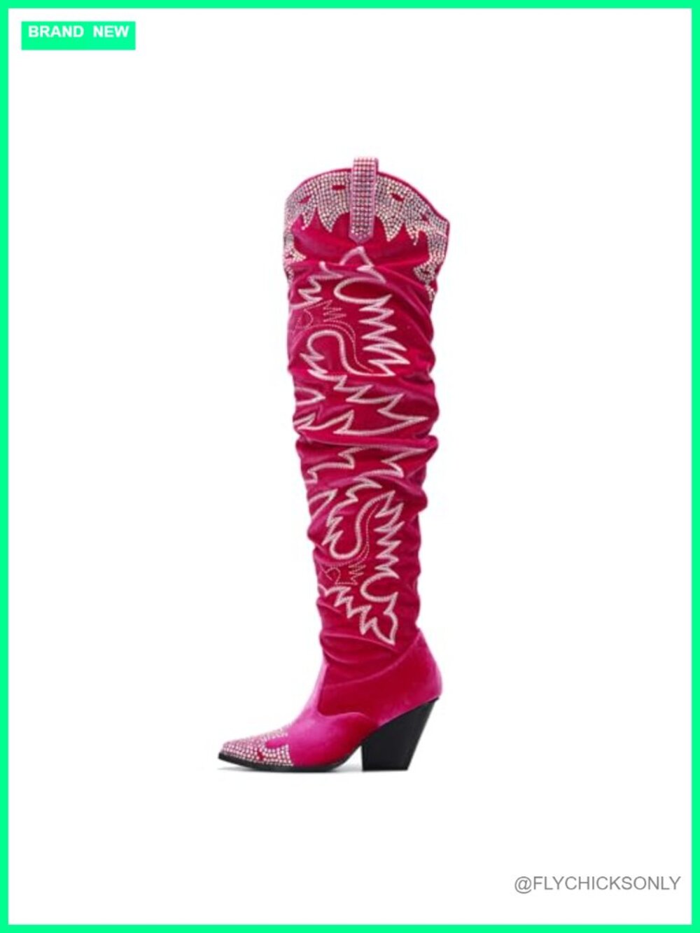 Rhinestone Embroidered Thigh High Boots Wide Calf Pull On Over The Knee